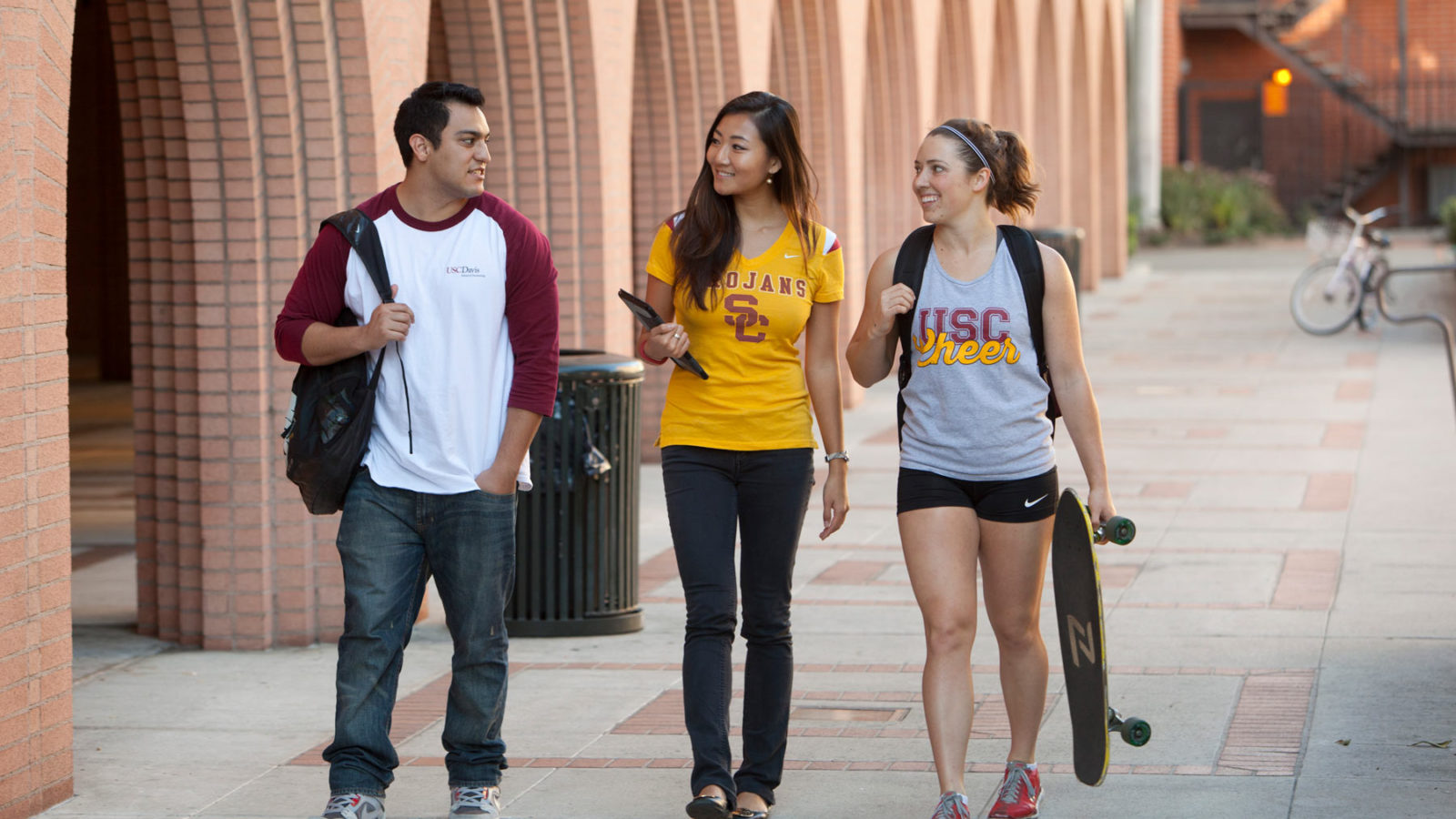 Gerontology students walking outside of the USC Leonard Davis School of Gerontology building on campus