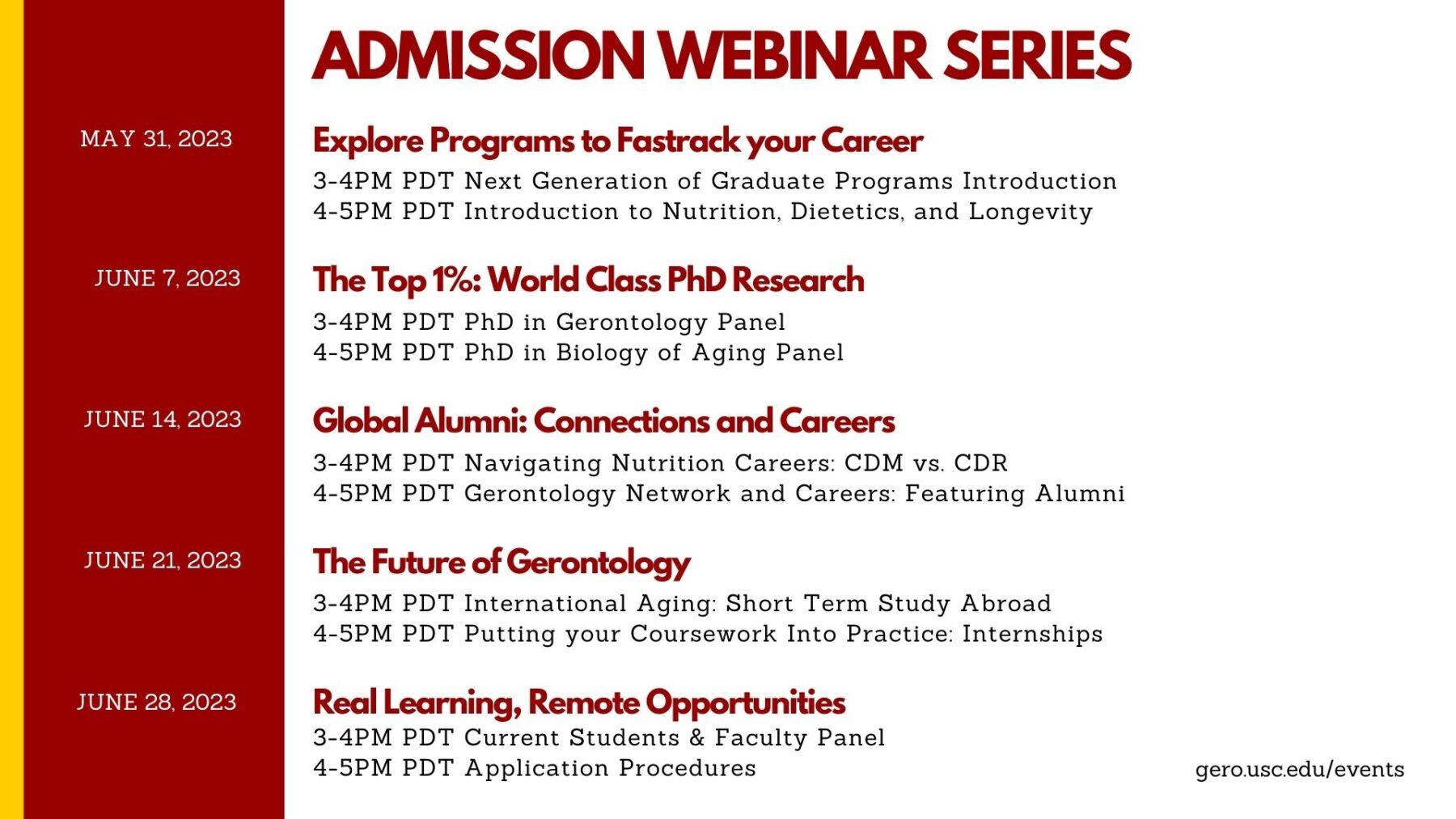 Admission Webinar Series infographic showing the schedule of webinars