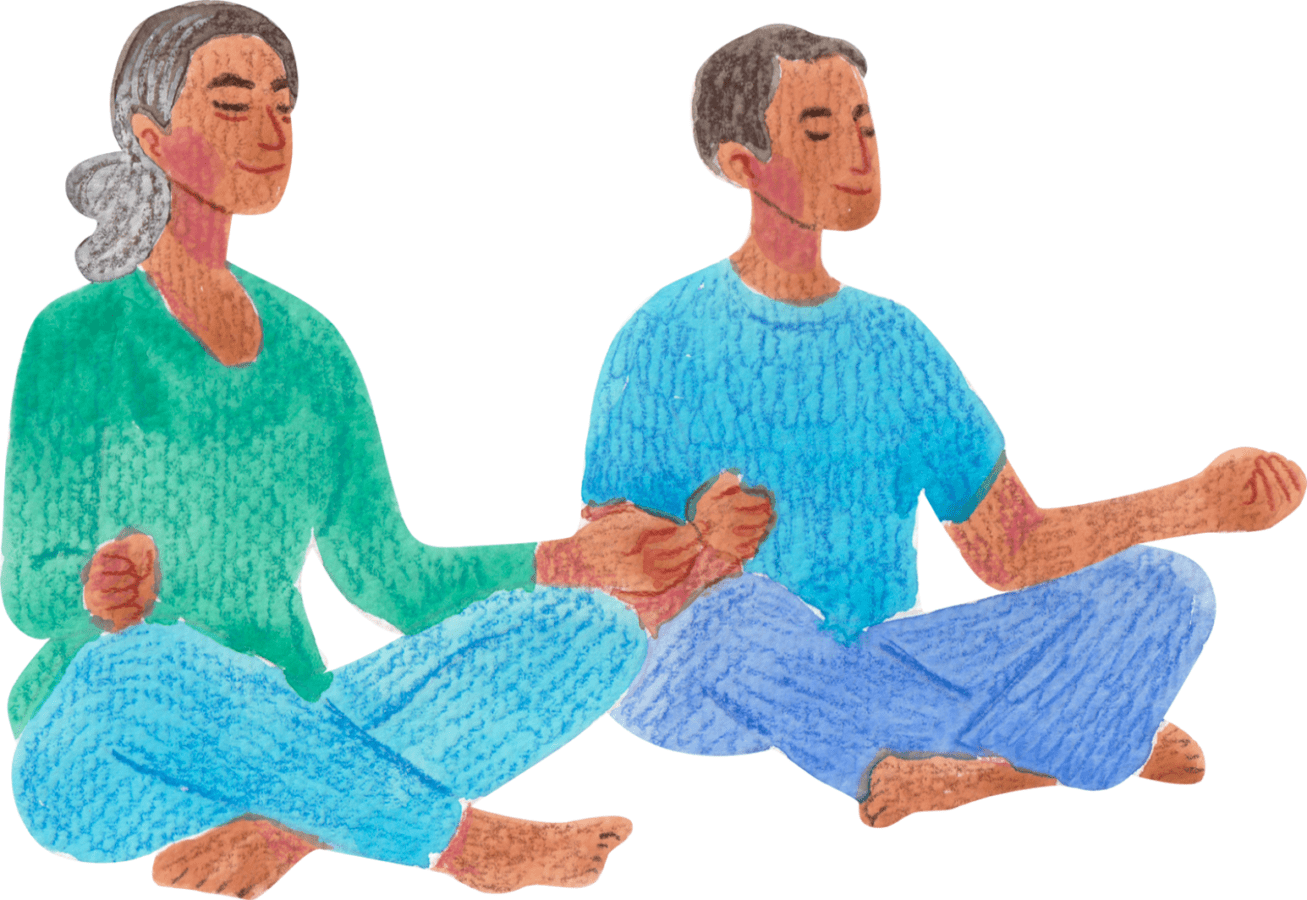 Illustration of two people sitting with legs crossed in a meditative state