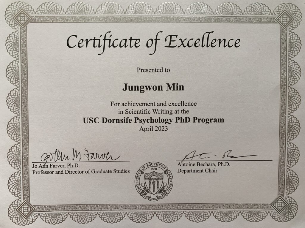 Jungwon Min awarded USC Psychology Department Excellence in Scientific Writing Award