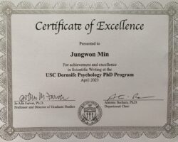 Jungwon Min awarded USC Psychology Department Excellence in Scientific Writing Award