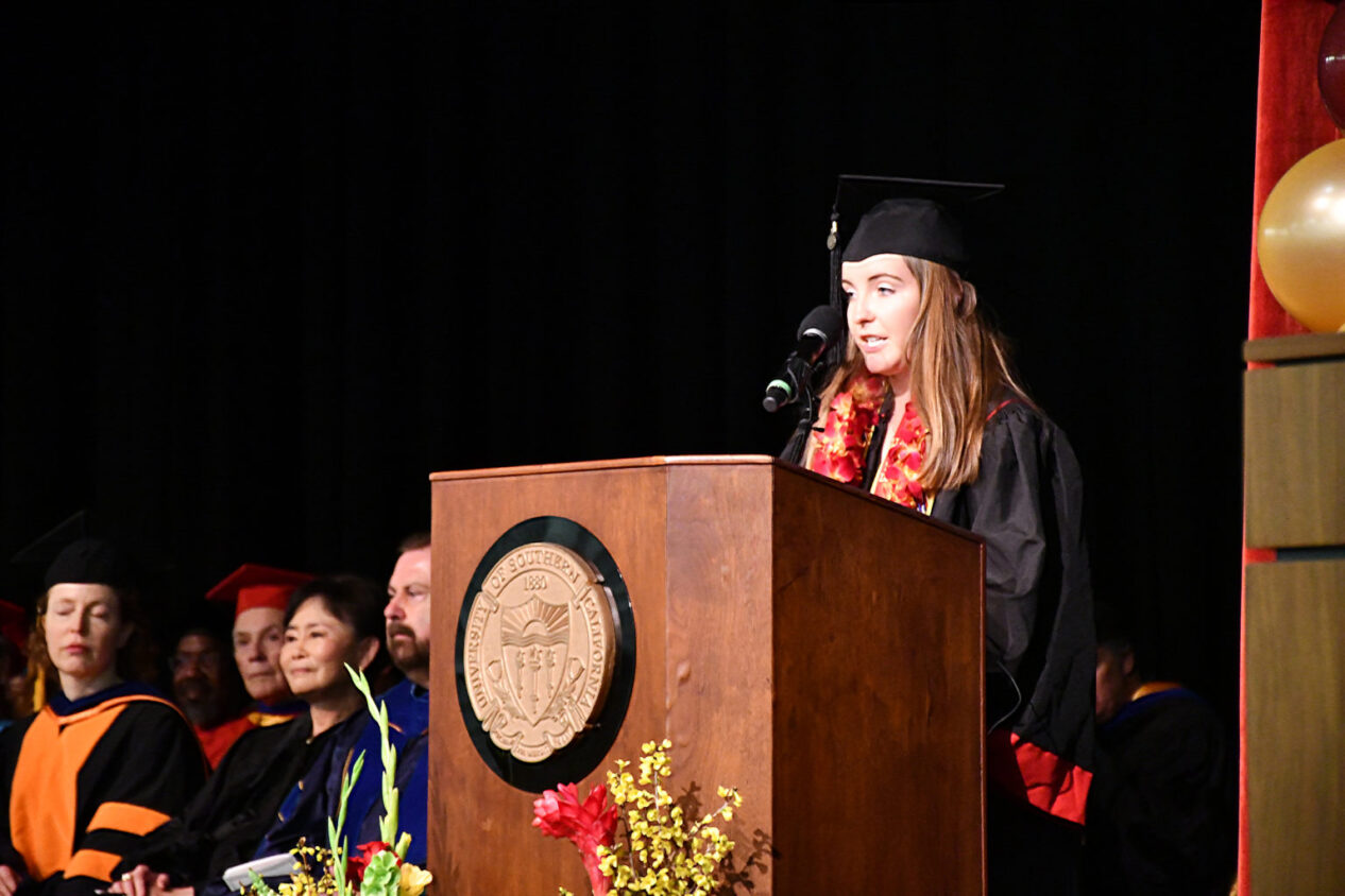 Student Gerontology Association President Stephanie Bolton delivers the student keynote during the ceremony.