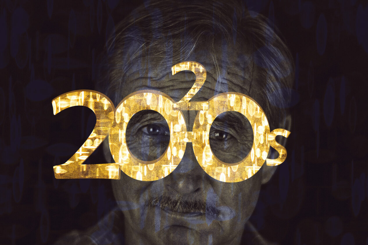 Older man with 2020s New Years' glasses