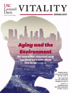 Cover of Vitality Magazine Spring 2017 issue with silhouette of woman, edited to show LA pollution and cityscape inside