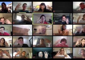 Zoom screenshot of Walsh’s students holding up four fingers to represent their course, Gero 414, Neurobiology of Aging.
