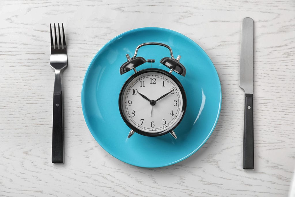 photo of clock on empty plate fasting concept