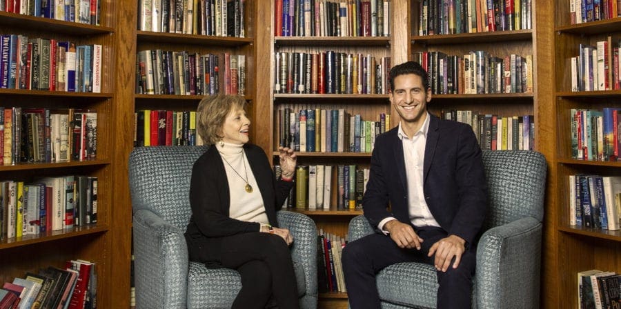 Resident Barbara Hirsch and Sahar Edalati MS ’13 relax in the Sunrise Villa library