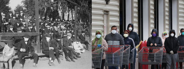 Both now and in 1918, health officials urged everyone to wear masks to slow the spread of disease. Left: Masked Angelenos attend a minor league baseball game during the influenza pandemic of 1918-1919 (Hearst Corporation Los Angeles Examiner/USC Libraries Special Collections). Right: Customers wear face masks as they line up to enter a Costco Wholesale store on April 16, 2020 in Wheaton, Maryland (Chip Somodevilla/Getty Images).