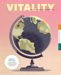Cover of Vitality Magazine Fall 2021 issue with illustration of world globe stand