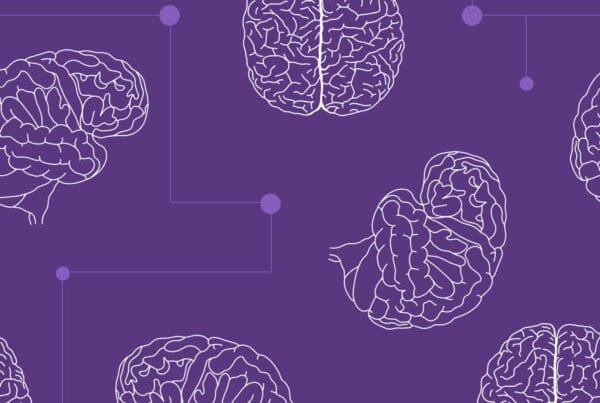 Purple backdrop with brain icons