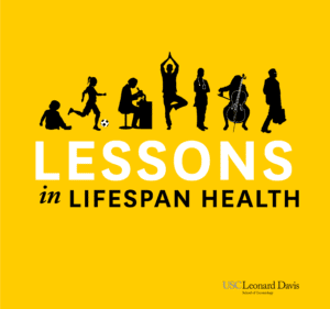 Podcast cover with illustrations of a baby, people exercising, doing research, and playing an instrument