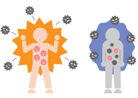 strong and weak immune system human icon illustration. Health care infection prevention concept.