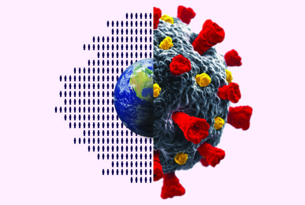 Two-part image, with the left side showing the globe and the right side showing the coronavirus