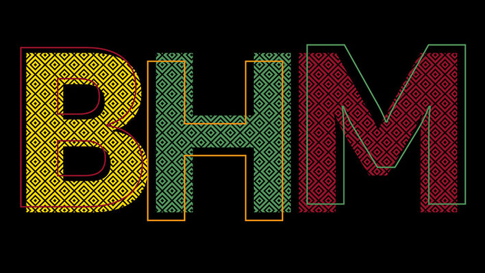 BHM, each letter in three different colors