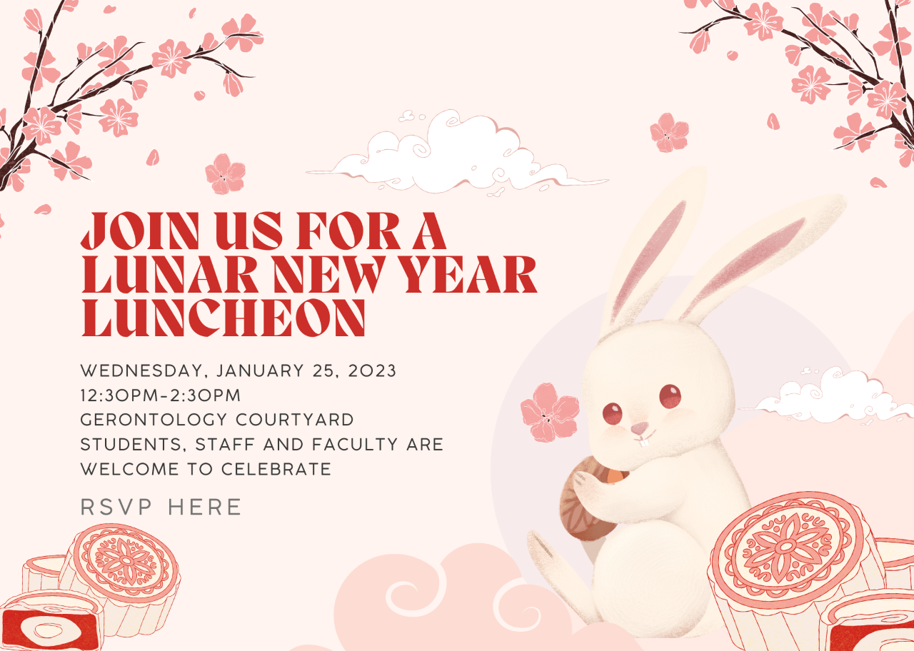 Flyer for Lunar New Year Luncheon in pink and red with illustrations of Lunar New Year desserts and a smiling rabbit