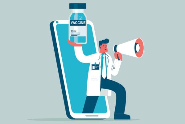 Vector illustration of doctor with a megaphone holding a vaccine bottle
