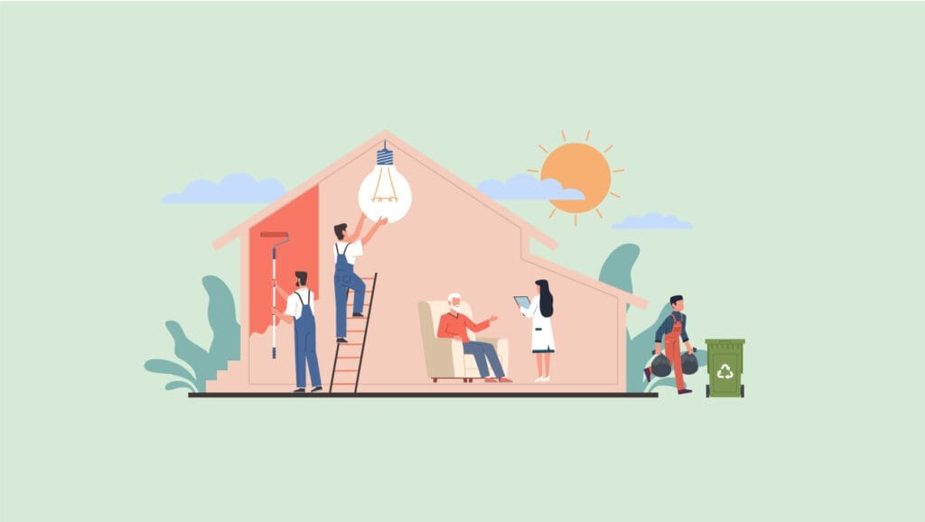Vector illustration of home with older person sitting on a couch, speaking to a standing doctor. One person is taking out the trash, another person is putting up a lightbulb, and the other is painting the walls.