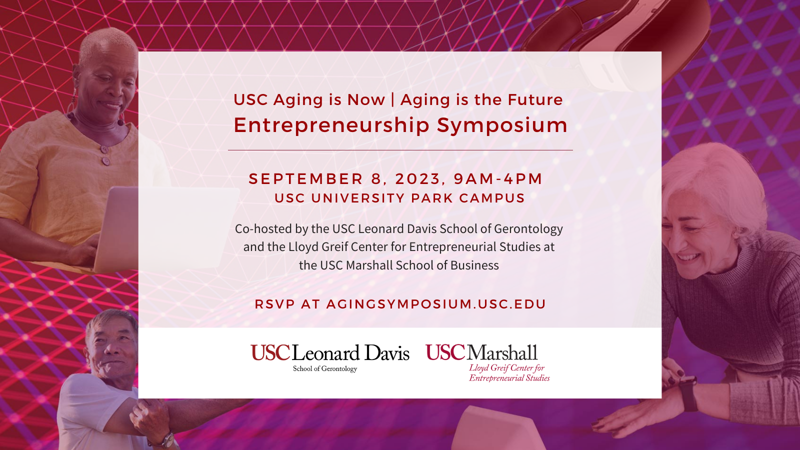 Flyer for Aging is the Future Entrepreneurship Symposium with Graphic showing three older people atop 3D illustration, embossed mesh representing internet connections, cloud computing and neural network.