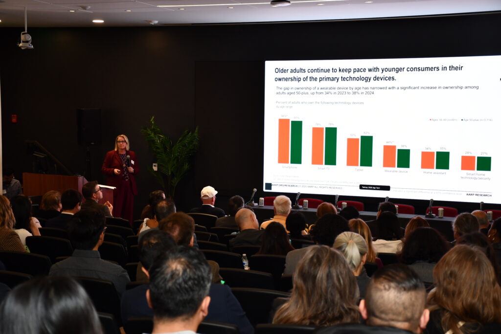 Arnold Whitman, Amir Dan Rubin, Pinchas Cohen, Jonathan Bandel, and David Krane (via Zoom) take part in a panel discussion on investment in aging and technology during the 2025 USC Age Tech Symposium.