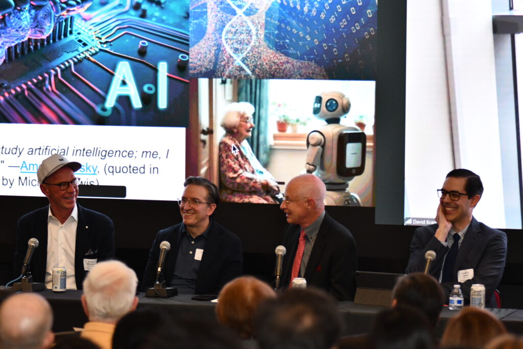 Arnold Whitman, Amir Dan Rubin, Pinchas Cohen, Jonathan Bandel, and David Krane (via Zoom) take part in a panel discussion on investment in aging and technology during the 2025 USC Age Tech Symposium.