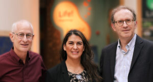 From left to right, Pinchas Cohen, MD, of USC, Sara Espinoza, MD, of Cedars-Sinai, and Jonathan Wanagat, MD, PhD, of UCLA, will lead a multicenter initiative to expand aging-focused clinical trials and advance healthy aging research. Photo by Natalie Avunjian.