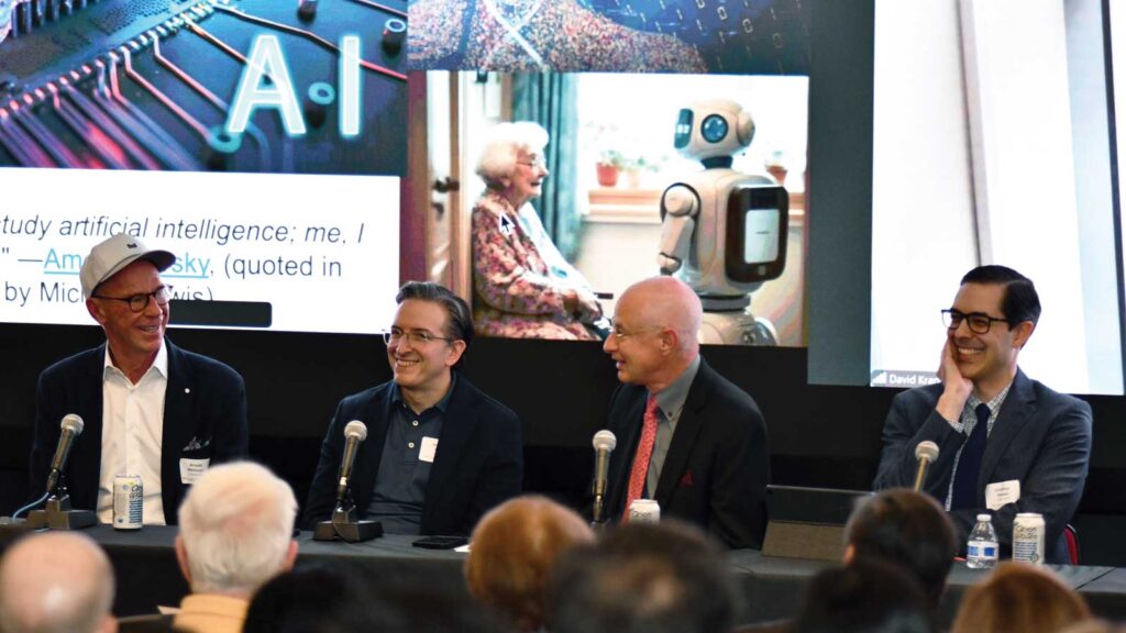 Opposite: (from left) SLTC founder Arnold Whitman, Healthier Capital CEO Amir Dan Rubin, USC Leonard Davis School Dean Pinchas Cohen, Jonathan Bandel of 22Health Ventures and GV CEO David Krane (via Zoom, not pictured) discuss investment in aging and technology during the USC Age Tech Symposium.