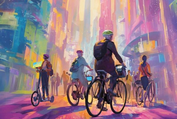 Illustration of people riding bikes in futuristic city