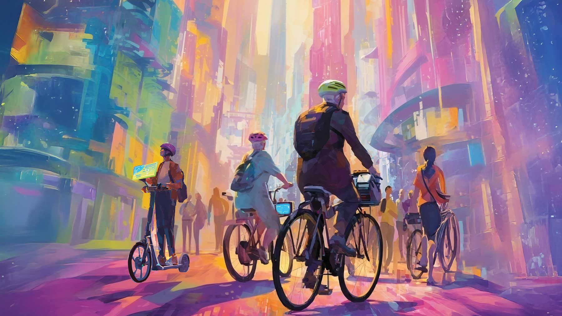 Illustration of people riding bikes in futuristic city