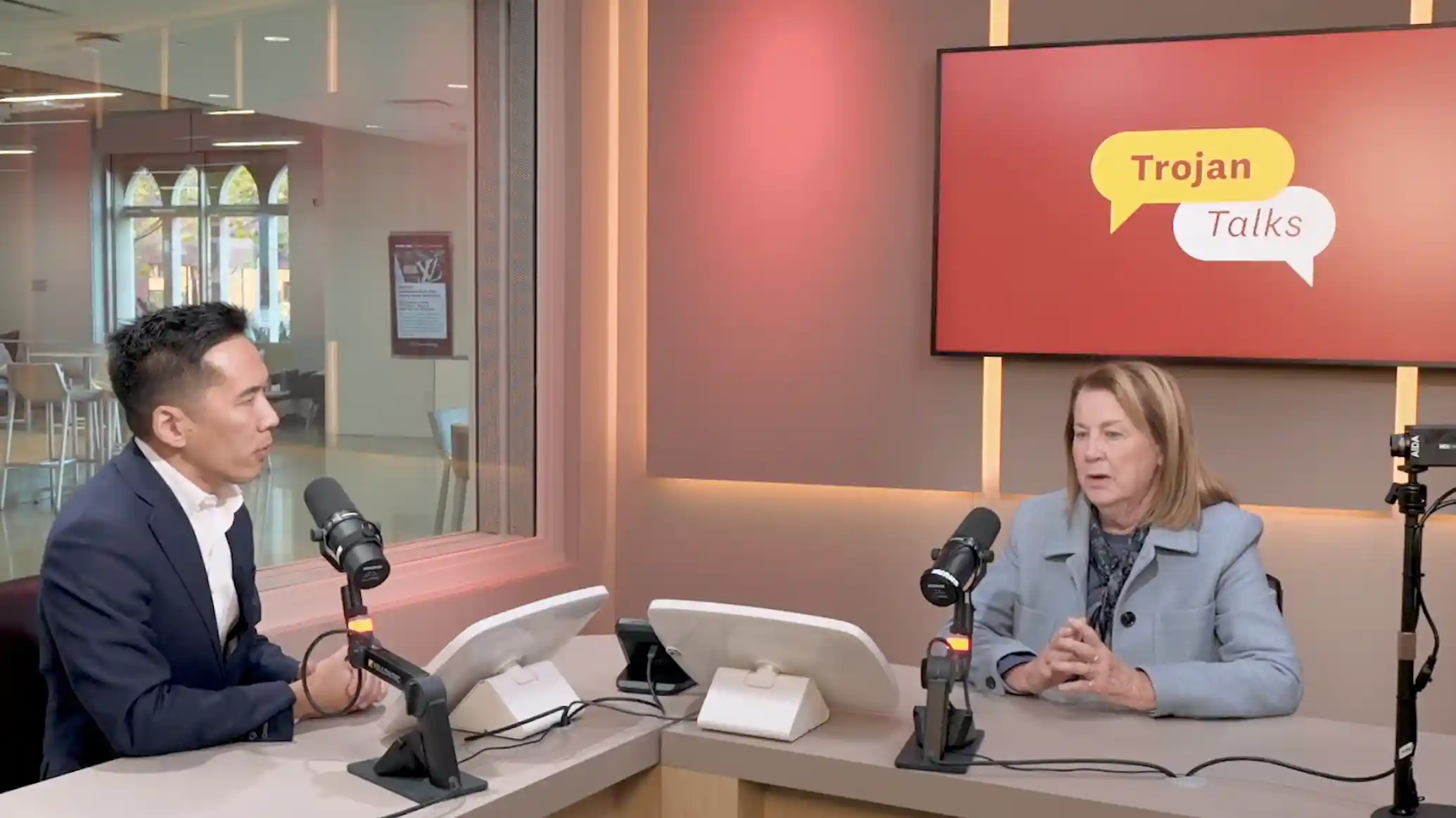 USC President Beong-Soo Kim and University Professor Eileen Crimmins on the Trojan Talks podcast